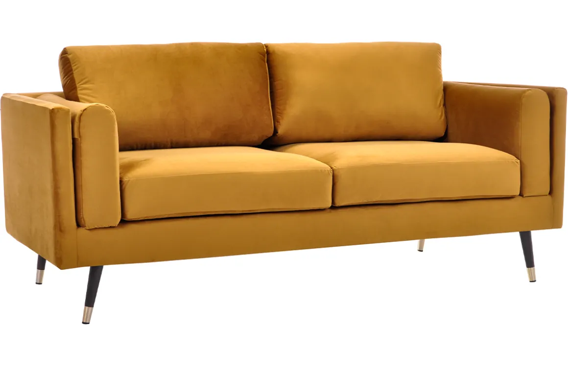 Sale Miliboo Sofá moderno 2-3 plazas de terciopelo amarillo, madera negra y metal dorado STING
