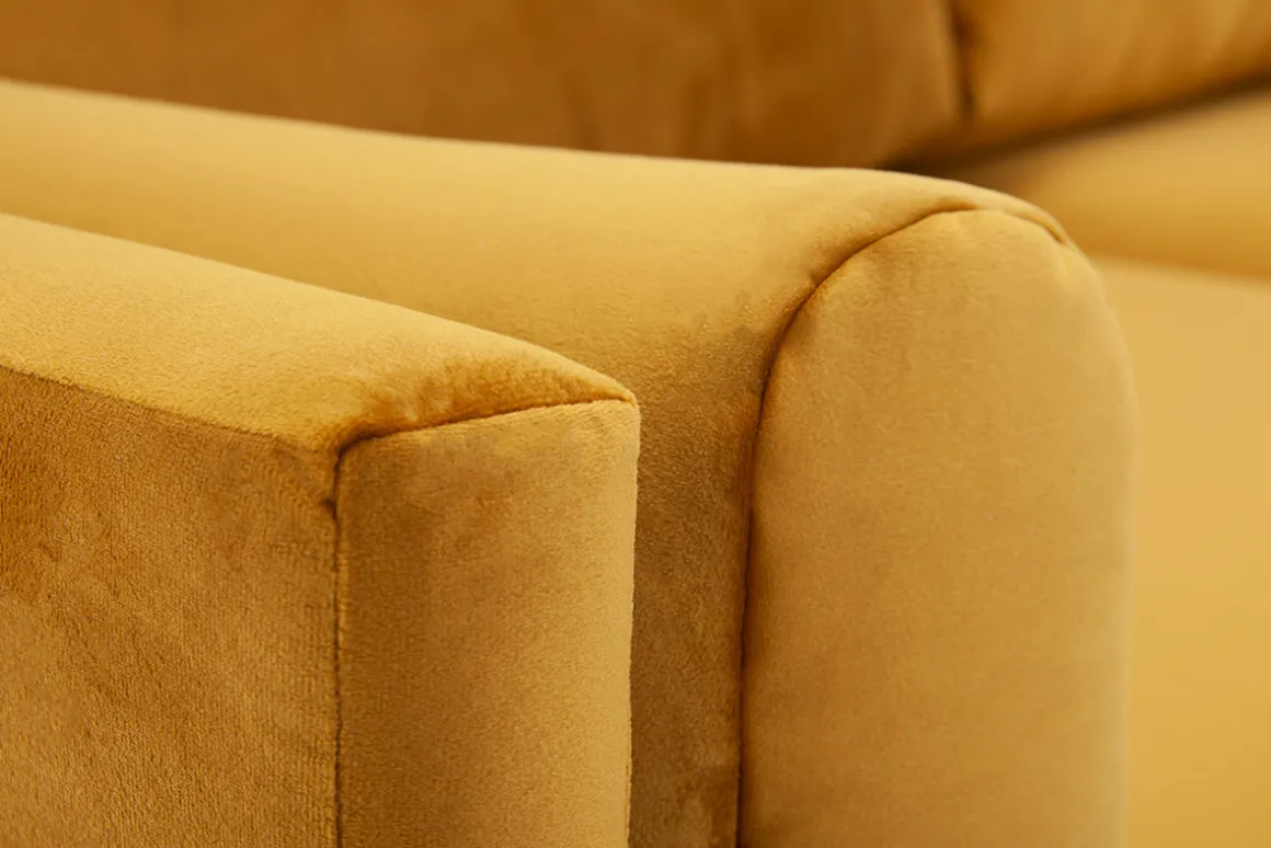 Sale Miliboo Sofá moderno 2-3 plazas de terciopelo amarillo, madera negra y metal dorado STING
