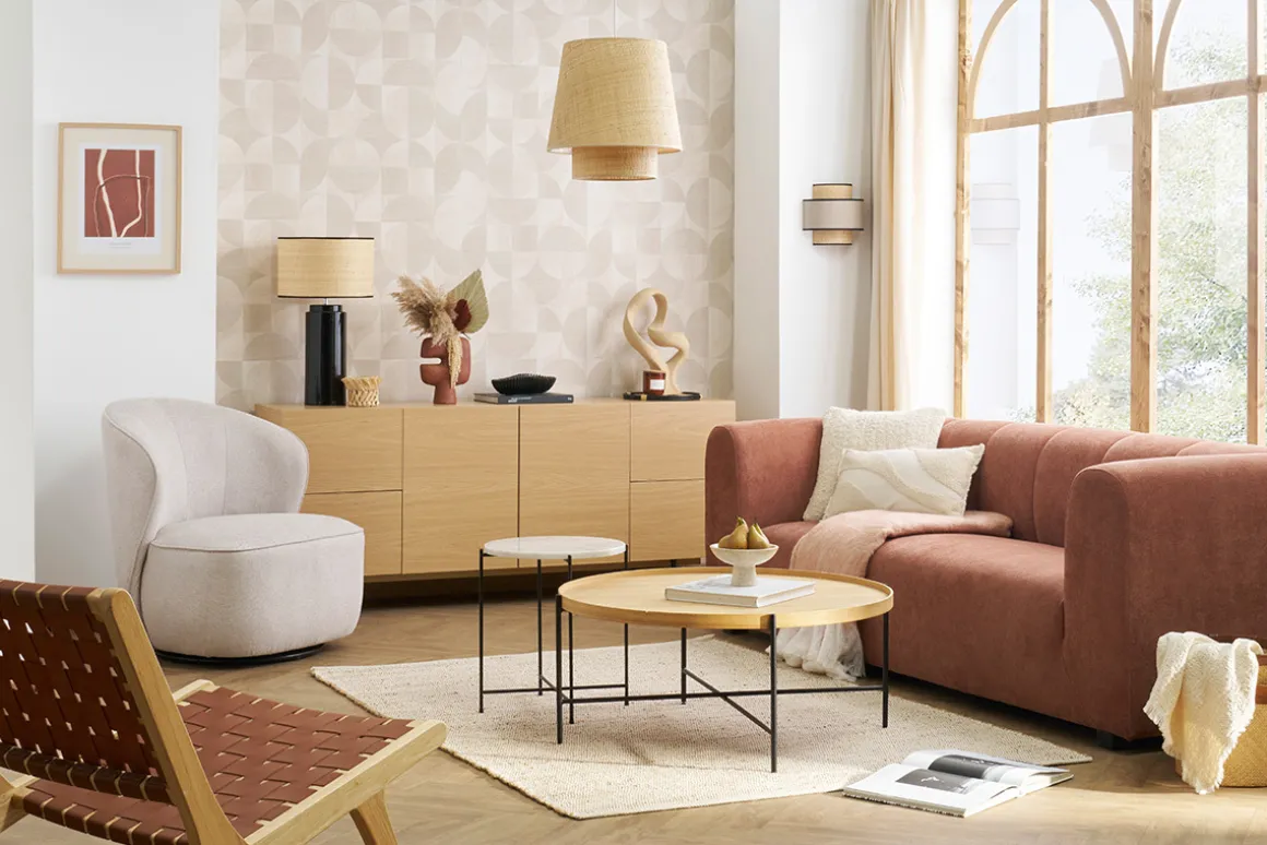 Flash Sale Miliboo Sofá moderno 3-4 plazas de tejido efecto aterciopelado terracota - OLIVEIRO