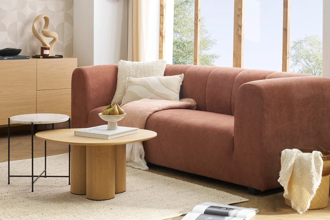Flash Sale Miliboo Sofá moderno 3-4 plazas de tejido efecto aterciopelado terracota - OLIVEIRO