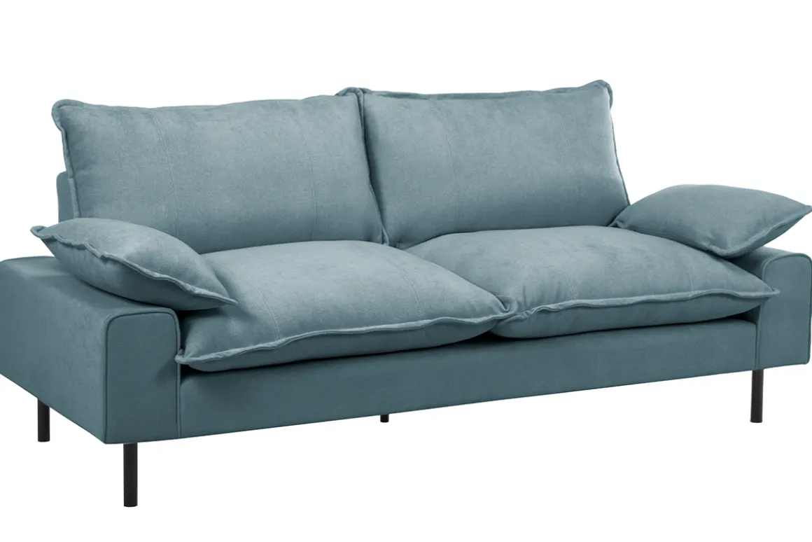 New Miliboo Sofá moderno 3 plazas de tejido efecto aterciopelado texturizado azul grisáceo y metal negro DORY