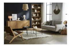Sale Miliboo Sofá moderno 3 plazas de tela efecto aterciopelado texturizado verde grisáceo y metal negro MOSCO