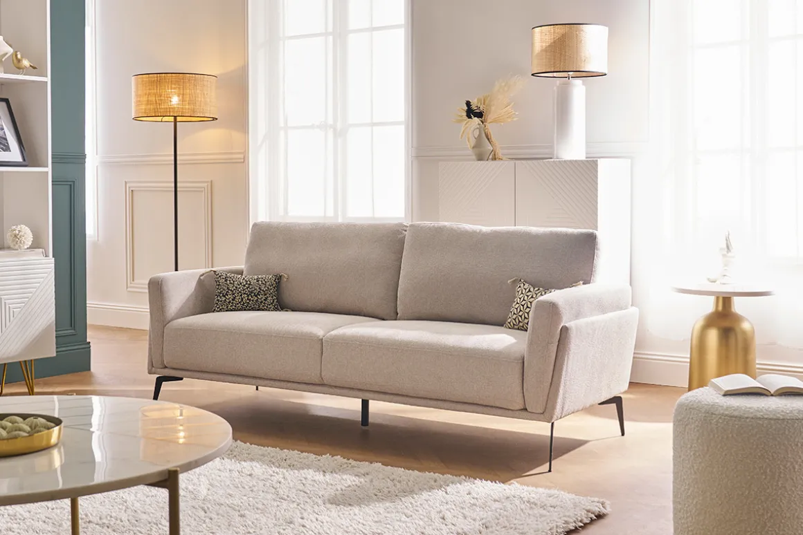 Cheap Miliboo Sofá moderno 3 plazas de tejido efecto aterciopelado texturizado beige MOSCO