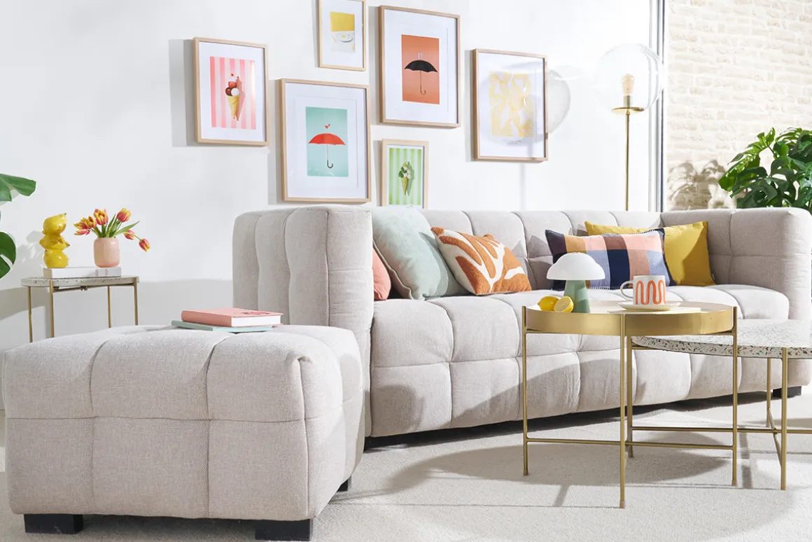 Cheap Miliboo Sofá moderno 3 plazas y reposapiés de tejido efecto aterciopelado texturizado beige CORTO