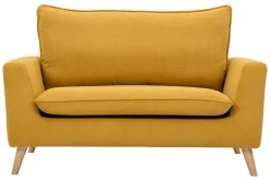 Outlet Miliboo Sofá nórdico 2 plazas de tejido efecto aterciopelado texturizado amarillo mostaza y madera clara JONAS