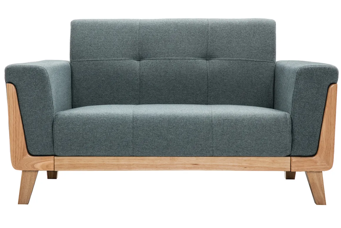 Discount Miliboo Sofá nórdico 2 plazas de tela verde grisáceo y madera clara FJORD