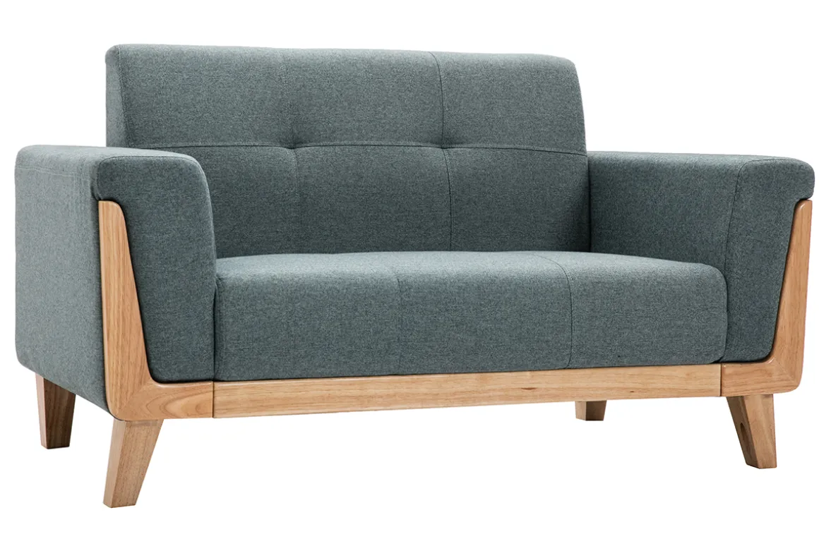 Discount Miliboo Sofá nórdico 2 plazas de tela verde grisáceo y madera clara FJORD