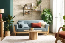 Best Sale Miliboo Sofá nórdico 3 plazas de tela verde grisáceo y madera clara FJORD