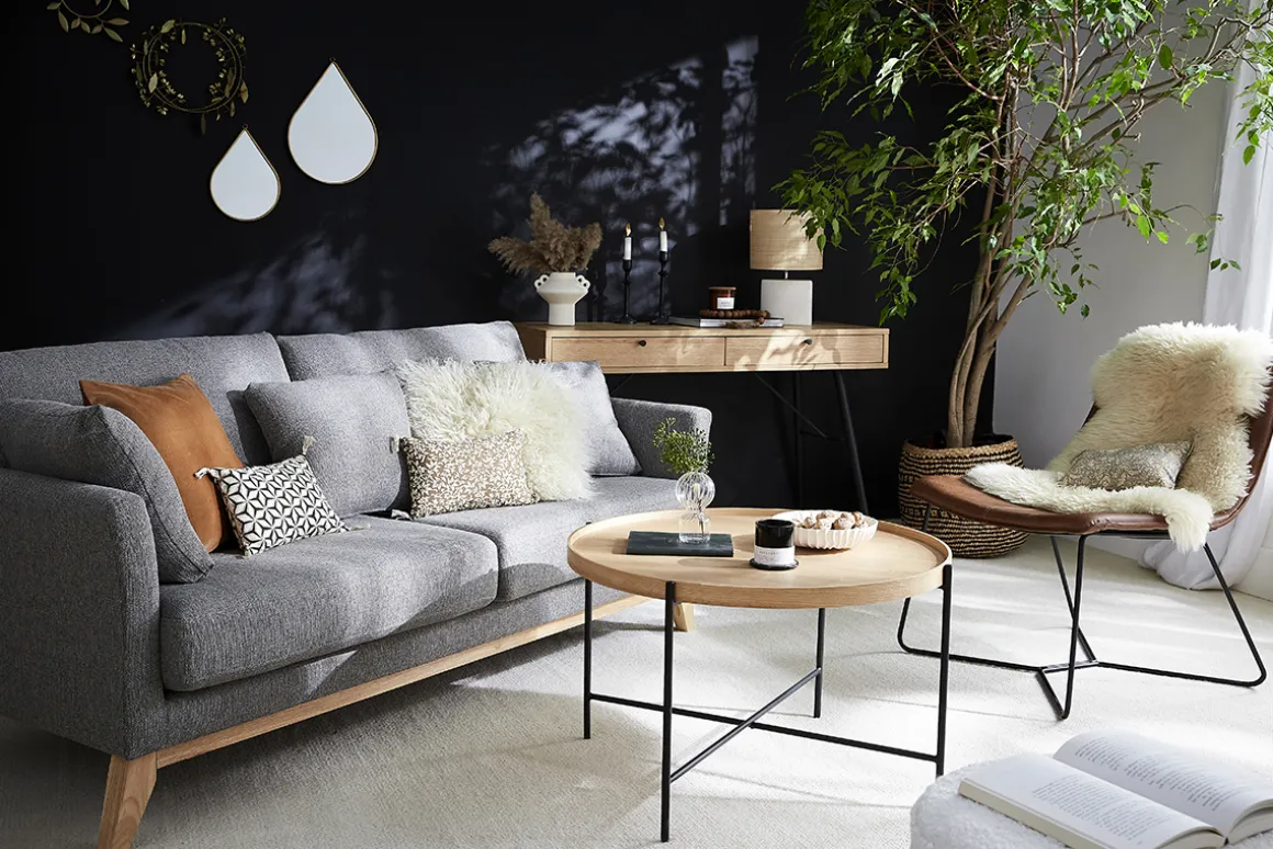 Shop Miliboo Sofá nórdico 3 plazas de tela verde grisáceo y madera clara OSLO