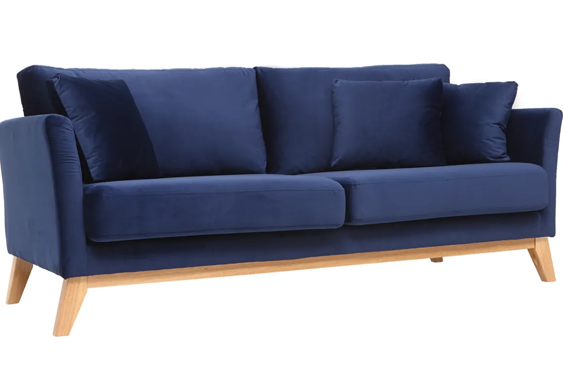 Clearance Miliboo Sofá nórdico 3 plazas terciopelo azul oscuro desenfundable patas madera OSLO