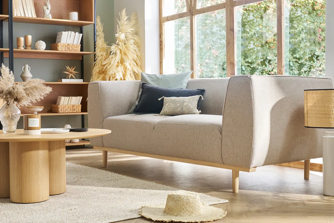 Hot Miliboo Sofá 2-3 plazas nórdico de tela beige y madera MORRIS