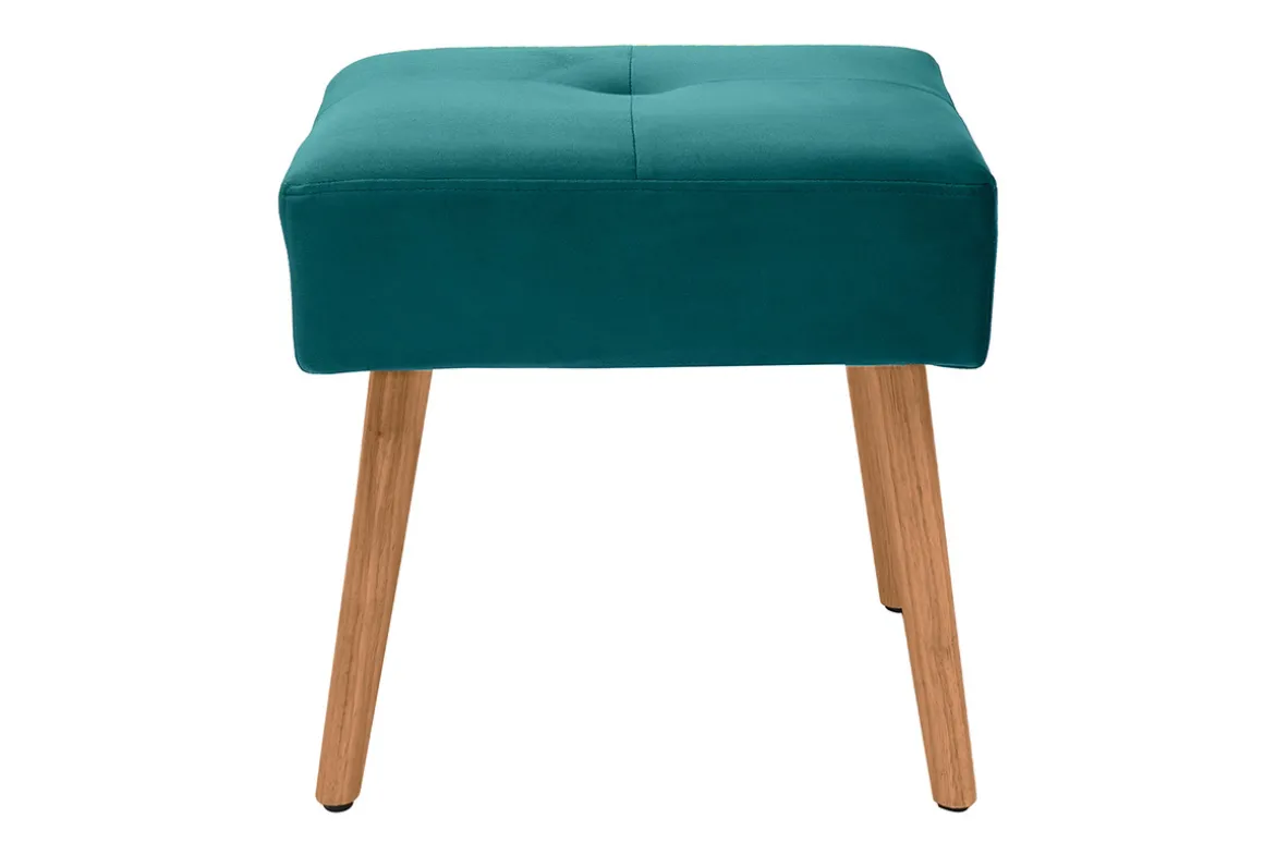 Outlet Miliboo Taburete bajo de terciopelo azul petróleo y madera clara maciza 46 cm GUESTA