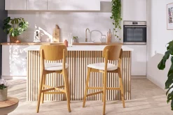 Online Miliboo Taburete de cocina de madera de roble claro y tela efecto aterciopelado terracota 65 cm LUCIA