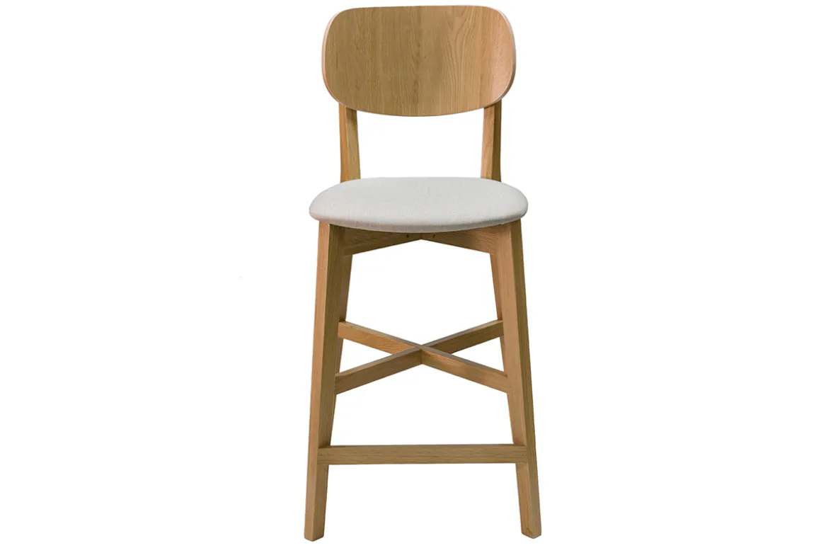 Fashion Miliboo Taburete de cocina de roble macizo y tela beige 65 cm LUCIA