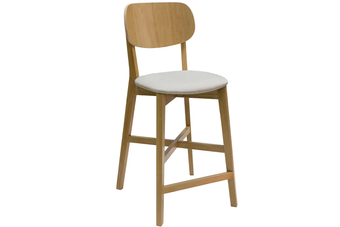 Fashion Miliboo Taburete de cocina de roble macizo y tela beige 65 cm LUCIA
