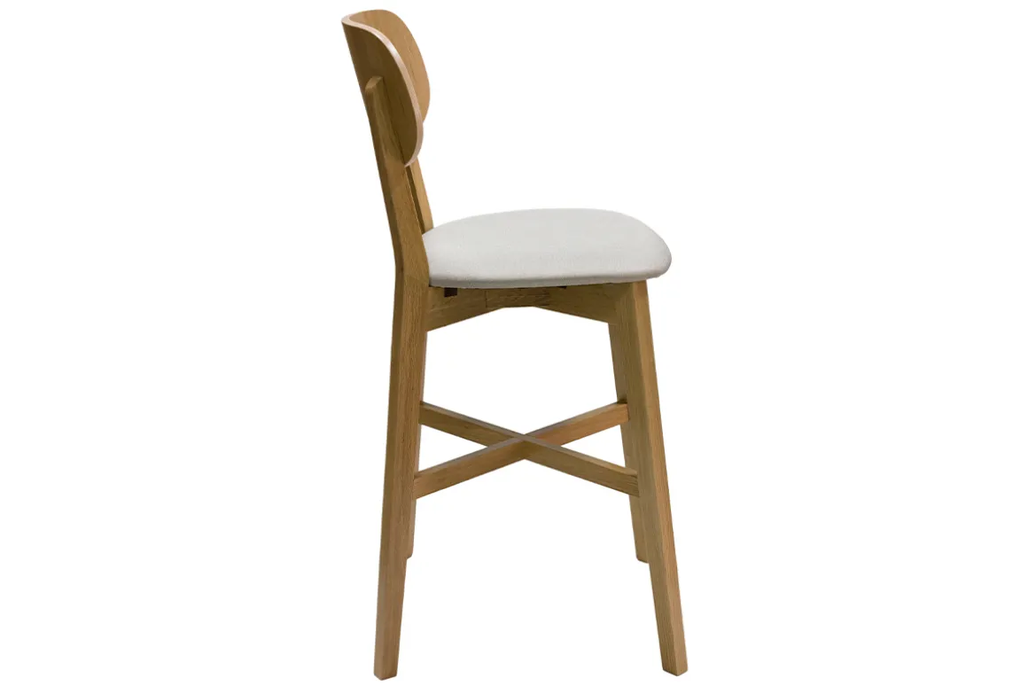 Fashion Miliboo Taburete de cocina de roble macizo y tela beige 65 cm LUCIA