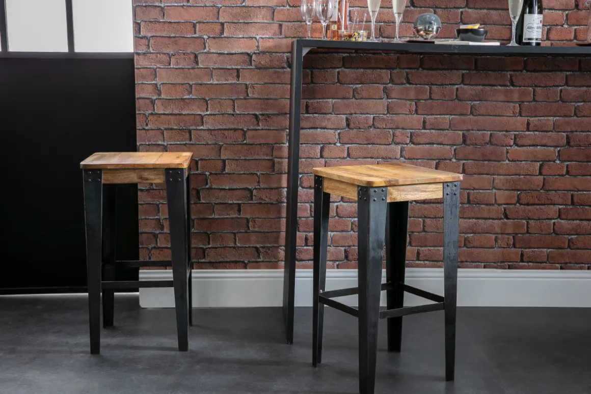 Flash Sale Miliboo Taburete diseño industrial metal y madera 65cm MADISON
