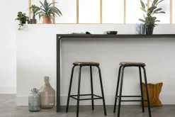 Discount Miliboo Taburete industrial negro y madera oscura 65 cm lote de 2 MEMPHIS