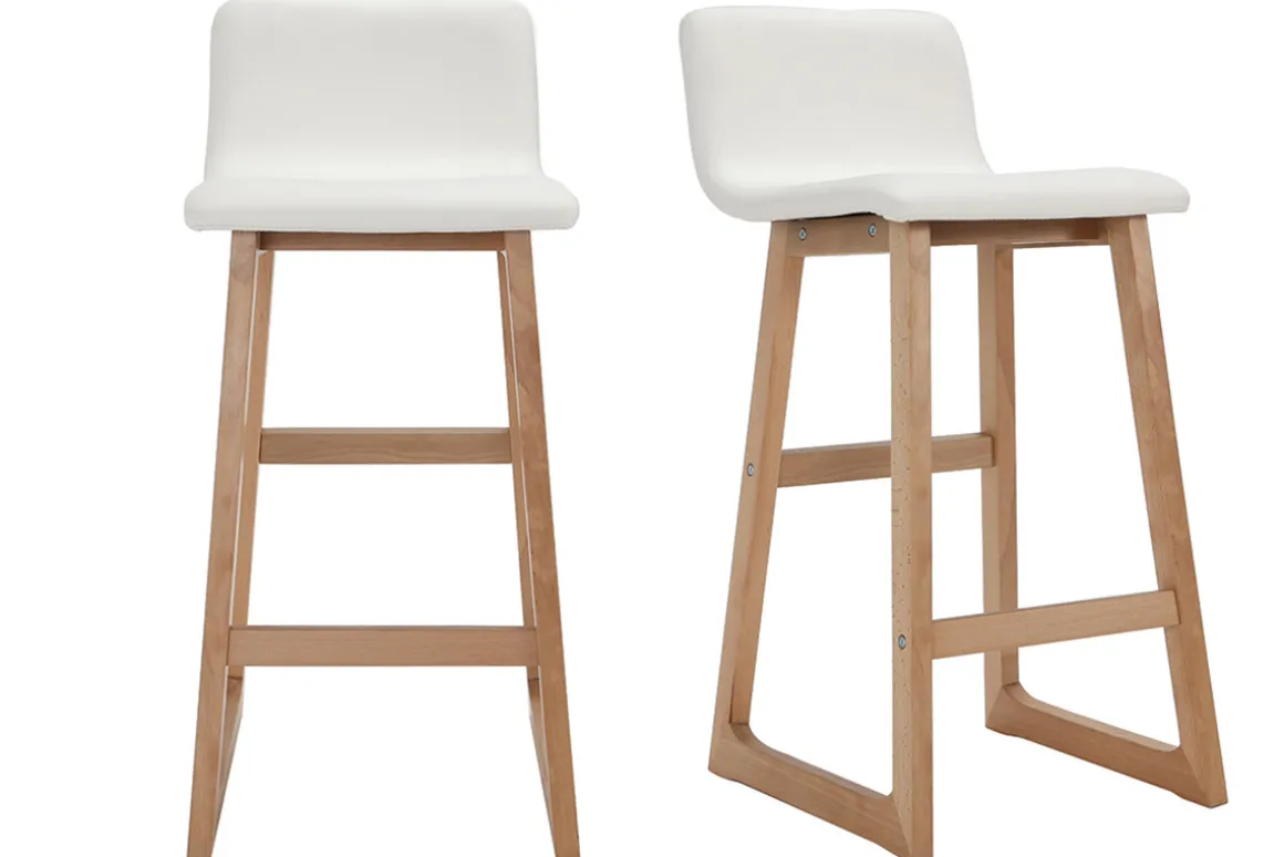 Fashion Miliboo Taburetes de bar madera clara y PU blanco lote de 2 OSAKA