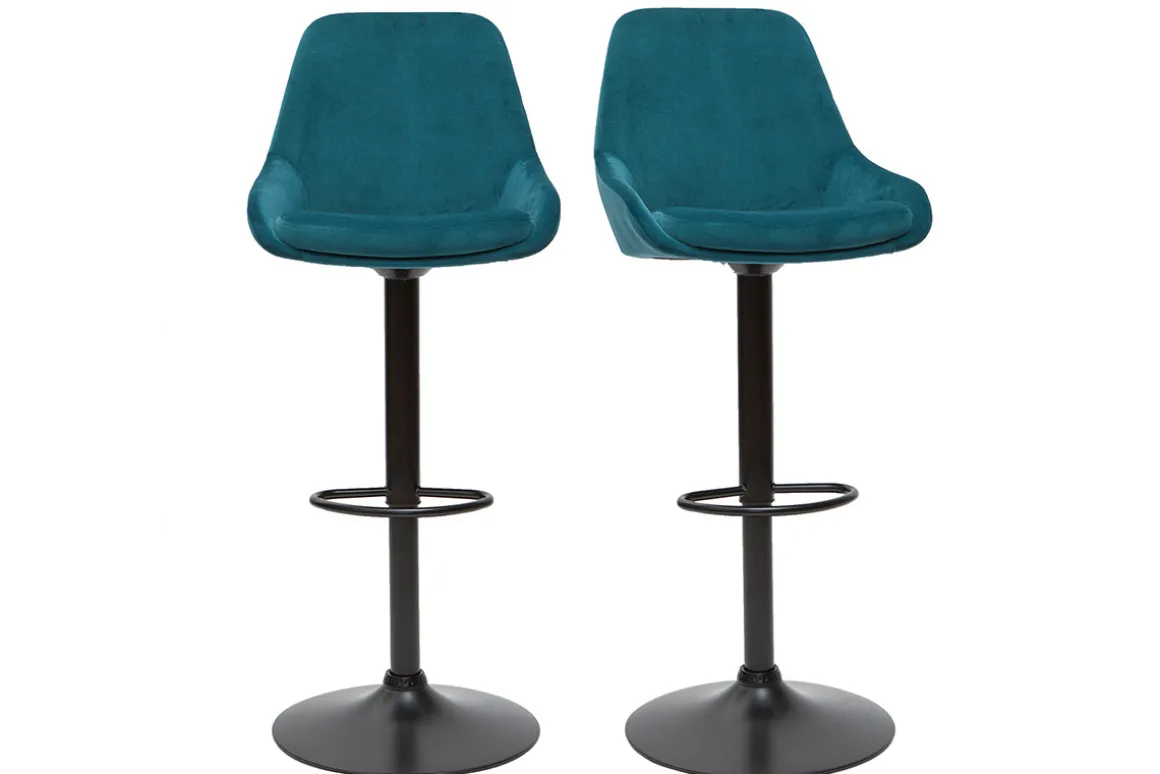 Clearance Miliboo Taburetes de bar moderno regulables terciopelo azul petróleo (lote de 2) HOLO